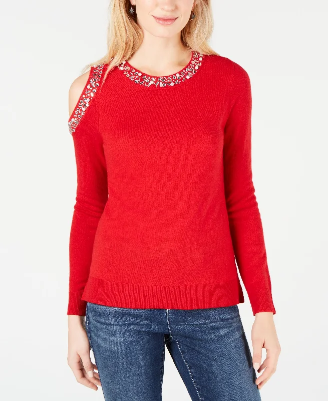 Embellished Cold Shoulder Sweater Real Fur Shearling Chenille