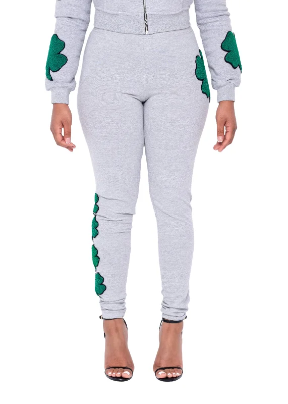 Gray Clover Patch Leggings Elegant Metallic Leggings