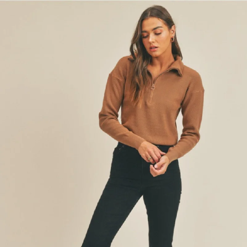 Half Zip Sweater (Coffee) Spandex Blend Rayon Blend Denim Blend