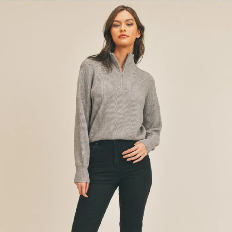 Half Zip Sweater (Grey) Ribbed Striped Patterned