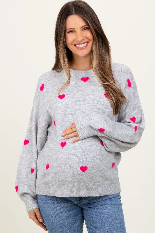Heather Grey Heart Print Oversized Maternity Sweater Anti-Pilling Anti-Shrink Durable