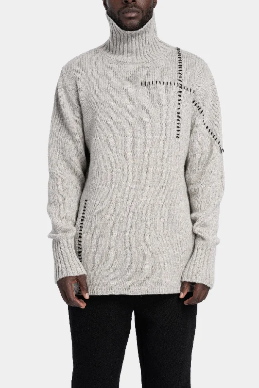 High neck scar-stitch detail knit sweater, Grey Stylish Fashionable Trendy
