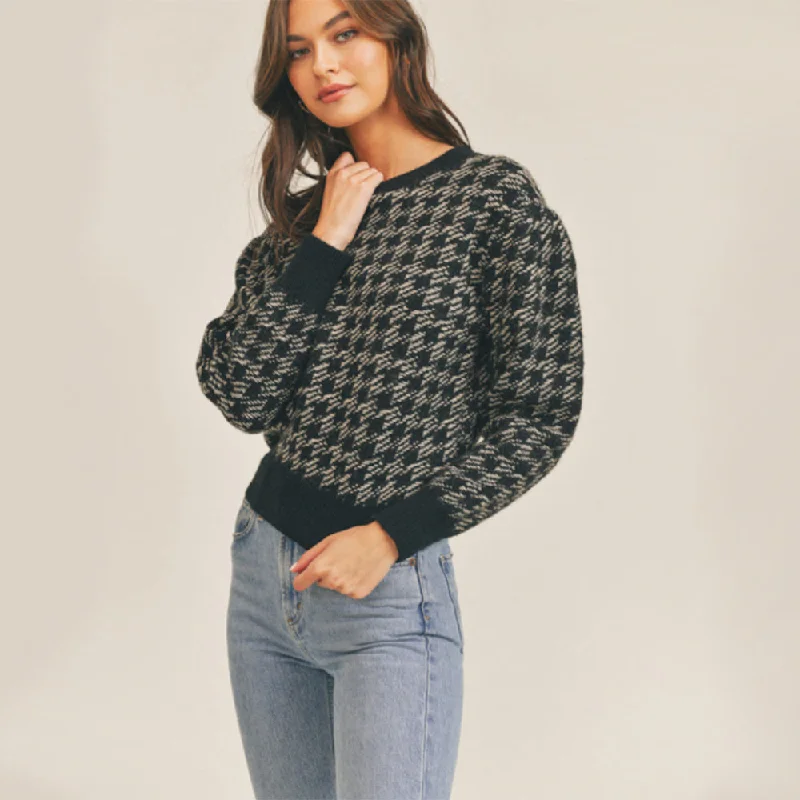 Houndstooth Check Sweater (Black + White) Fleece Sweater Nylon Polyester