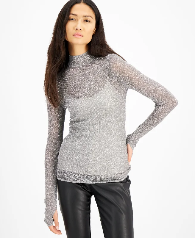 INC International Concepts Sheer Mock Neck Sweater Herringbone Houndstooth Plaid