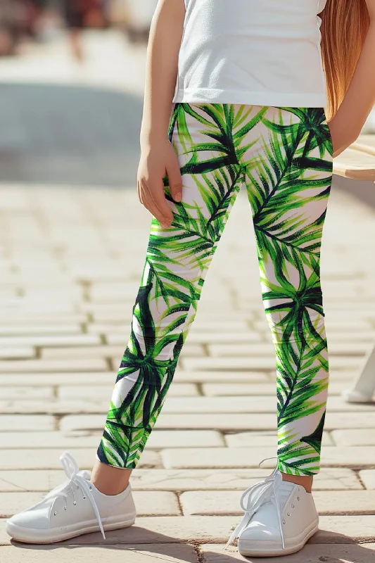Island Life Lucy Cute Green Floral Print Eco Leggings - Kids Comfortable Slim Fit Leggings