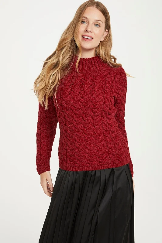 Knightstown Aran Crew Sweater in Red Seamless Knitted Crochet