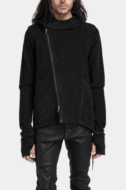 Leather effect ribbed cotton zip up hood sweater Seamless Knitted Crochet