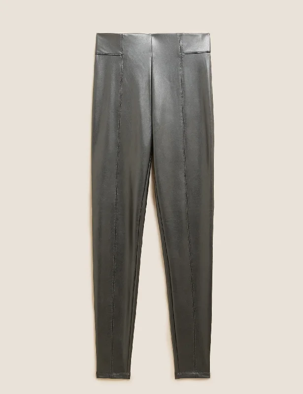Leather Look High Waisted Leggings Fashionable Moisture-Wicking Leggings