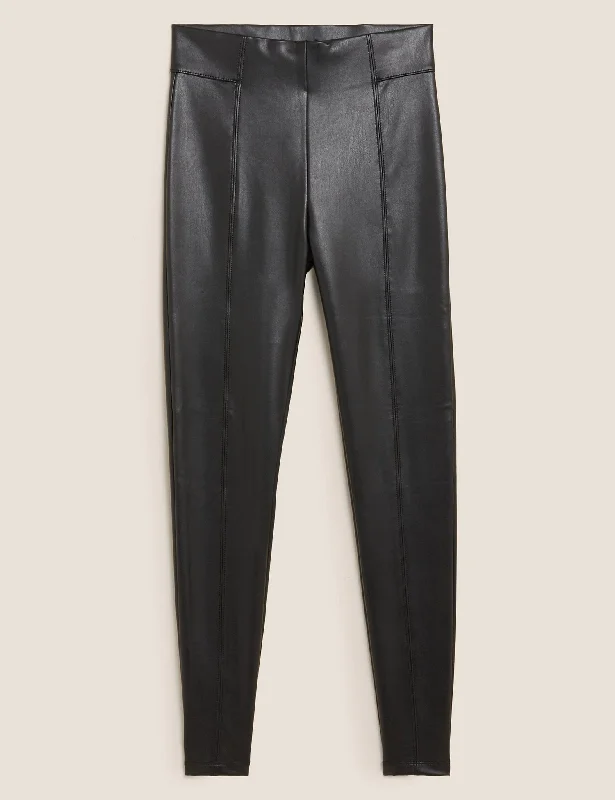 Leather Look High Waisted Leggings Comfortable Tummy Shaping Leggings