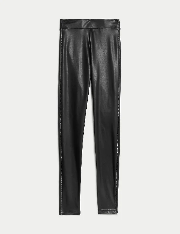Leather Look Sparkly Side Stripe Leggings Trendy Sweat-Wicking Workout Leggings