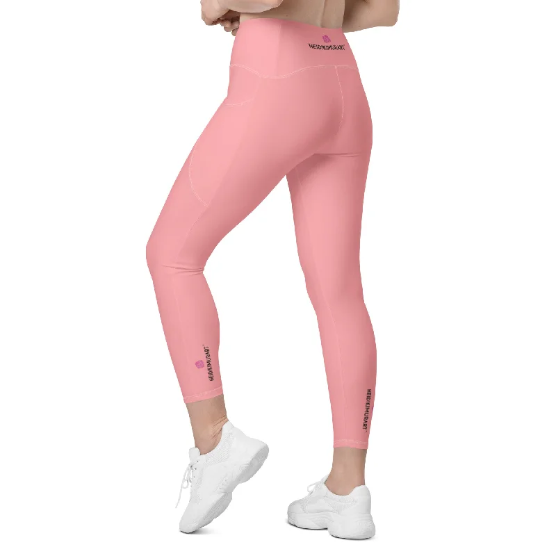 Light Pink Women's Tights, Best Solid Color Leggings For Women With 2 Side Pockets - Made in USA/EU/MX Stylish Winter-Ready Leggings