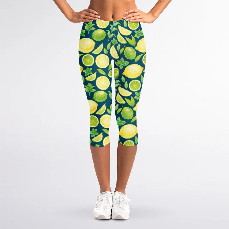 Lime And Lemon Pattern Print Women's Capri Leggings Comfortable Lounge Leggings