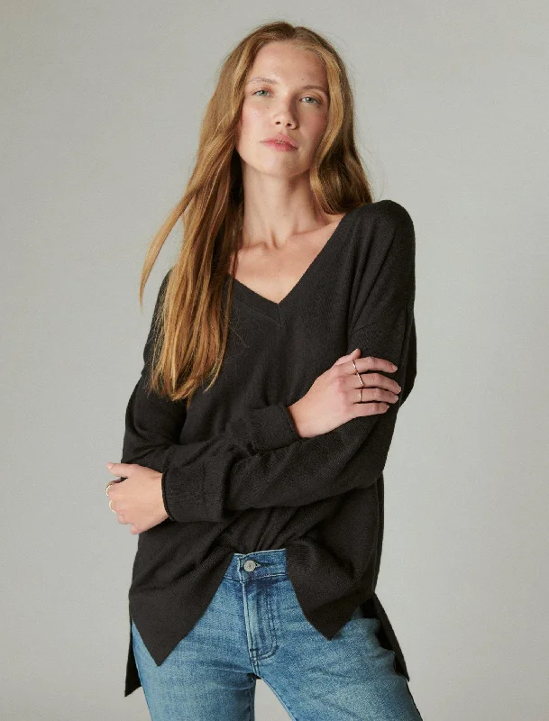 Lucky Brand Women's Cloud Soft V Neck Sweater Elasticated Padded Insulated