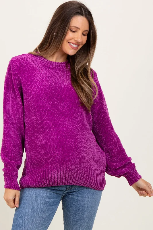Magenta Chenille Knit Maternity Sweater Print Jacquard Patchwork