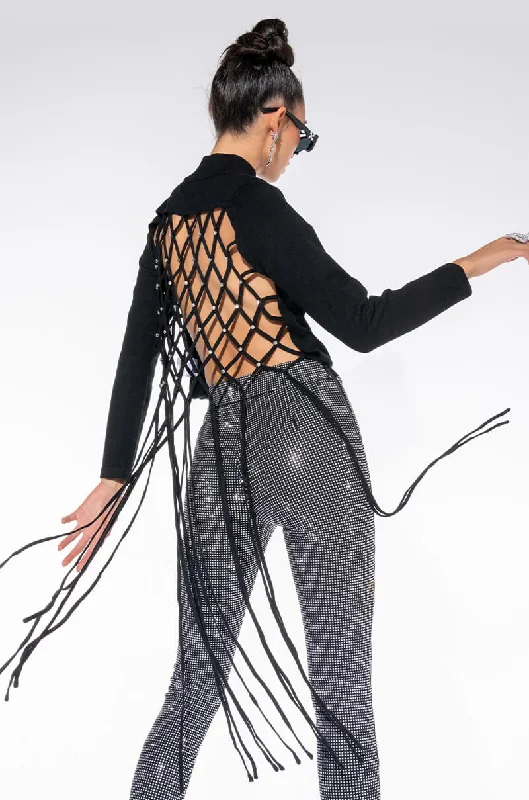 MAKE YOU MINE OPEN BACK RHINESTONE NET SWEATER Chenille Fabric Brocade Fabric Lace Fabric MAKE YOU MINE OPEN BACK RHINESTONE NET SWEATER Chenille Fabric Brocade Fabric Lace Fabric