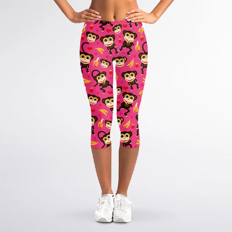 Monkey And Banana Pattern Print Women's Capri Leggings Comfortable Ribbed Sports Leggings Monkey And Banana Pattern Print Women's Capri Leggings Comfortable Ribbed Sports Leggings