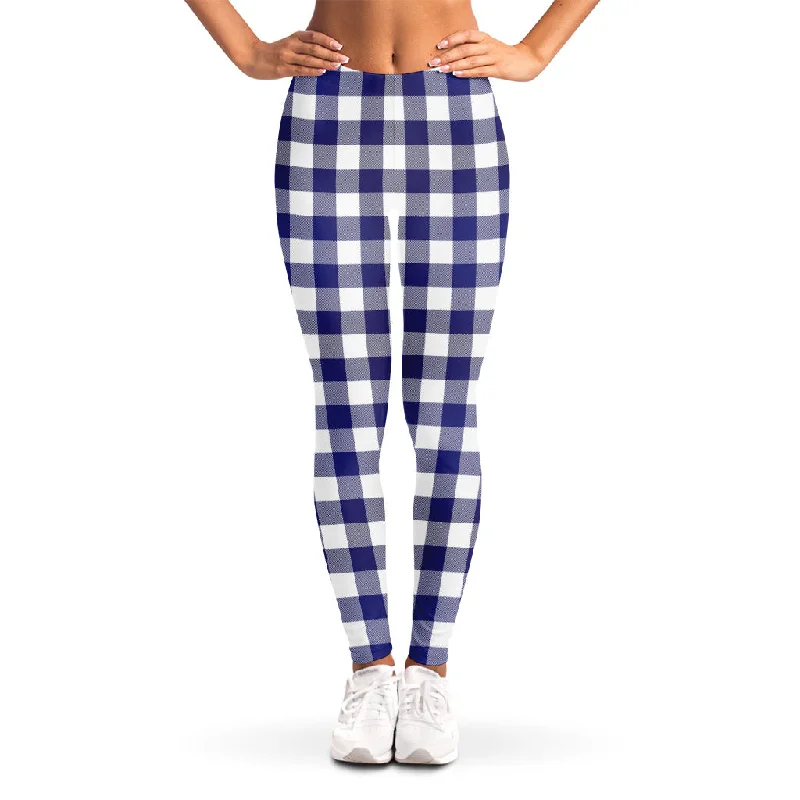 Navy And White Buffalo Check Print Women's Leggings Fashionable Solid Color Tights