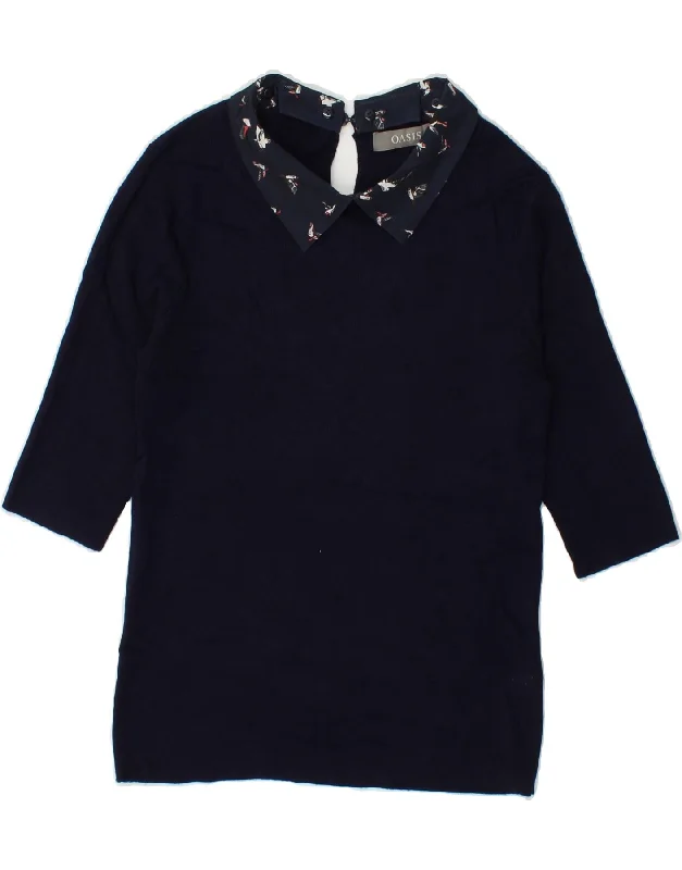 OASIS Womens 3/4 Sleeve Polo Neck Jumper Sweater UK 12 Medium Navy Blue Fleece Fabric Down Fabric Feather Fabric
