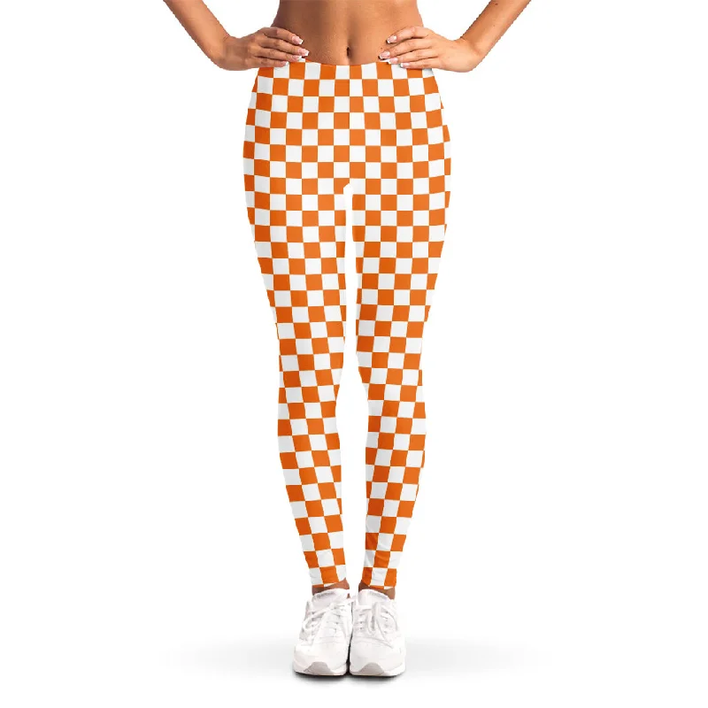 Orange And White Checkered Pattern Print Women's Leggings Cozy Full-Length Workout Leggings Orange And White Checkered Pattern Print Women's Leggings Cozy Full-Length Workout Leggings
