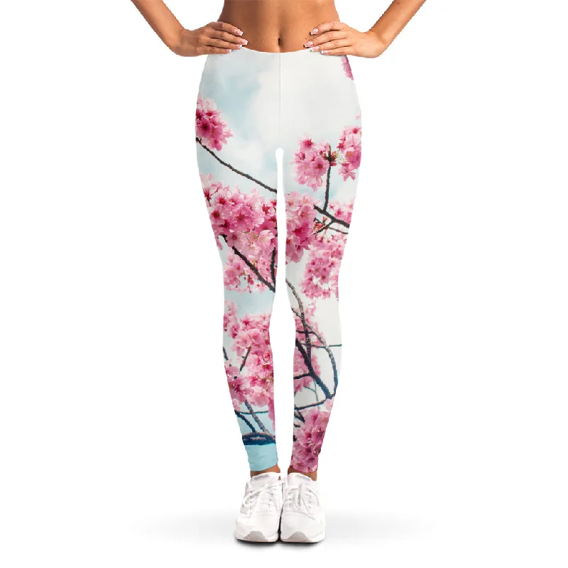 Pink Cherry Blossom Print Women's Leggings Cozy Mid-Rise Workout Leggings