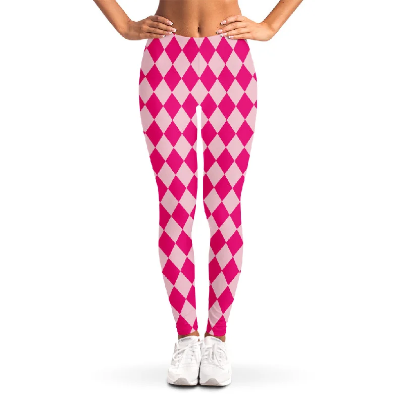 Pink Harlequin Pattern Print Women's Leggings Fashionable Plus-Size Activewear