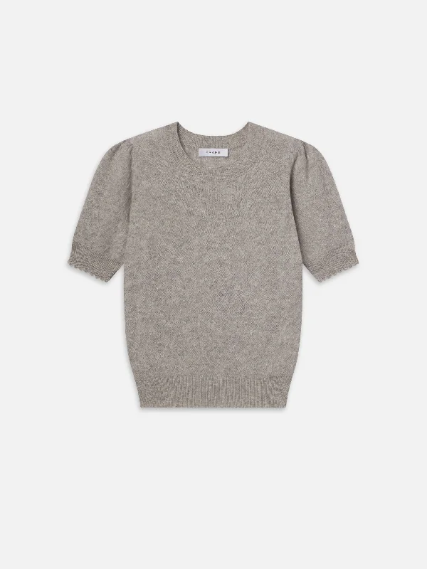 Pointelle Puff Sleeve Sweater -- Light Heather Grey Sequined Glittery Shiny