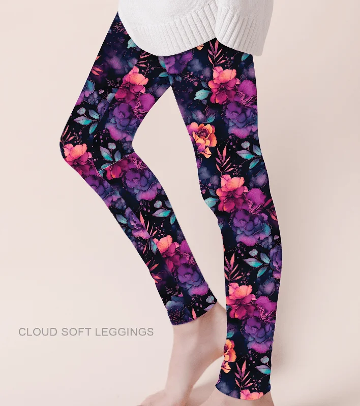 [Pre Sale] Gifts Galore Midnight Garden - Adult & Kids Casual Cloud Soft Yoga Band Leggings (EST SHIP EARLY DEC) Fashionable Full-Length Active Leggings