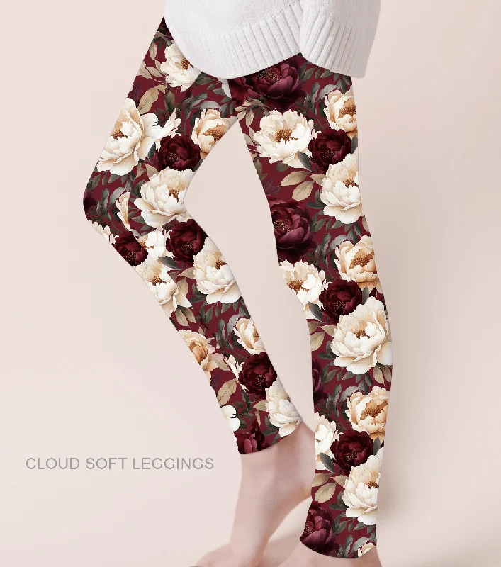 [Pre Sale] Gifts Galore Pretty Peonies - Adult & Kids Casual Cloud Soft Yoga Band Leggings (EST SHIP EARLY DEC) Cozy Mid-Rise Workout Leggings