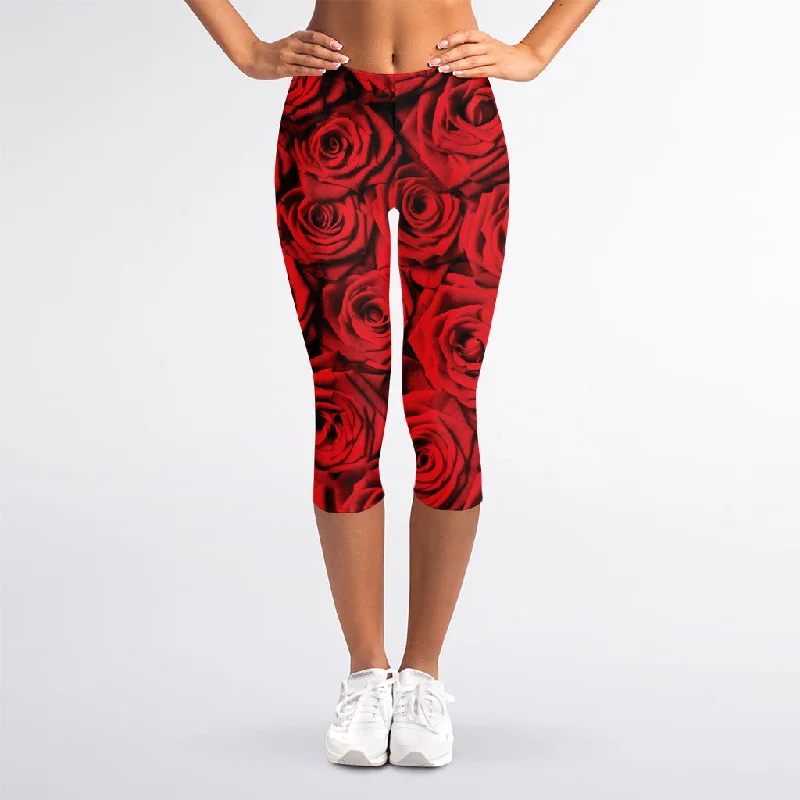 Red Rose Print Women's Capri Leggings Stylish Sweatproof Leggings
