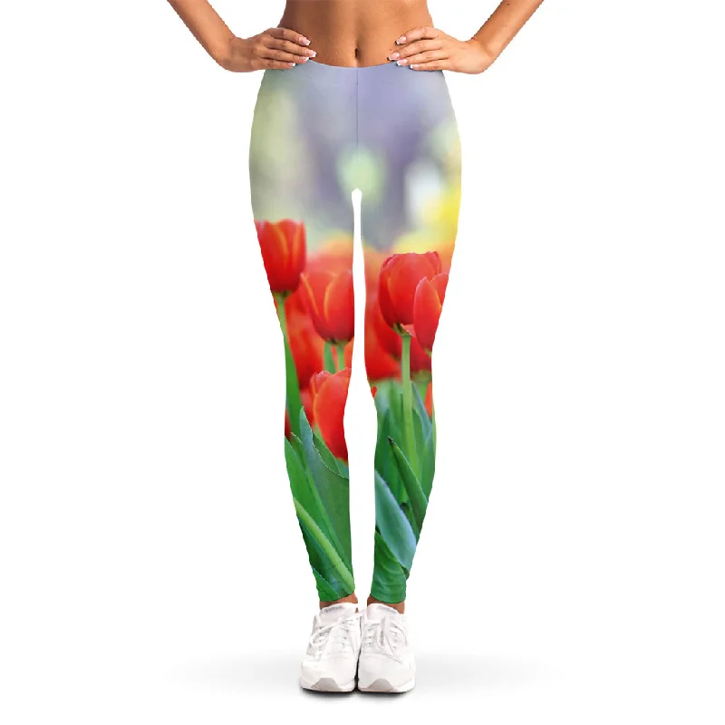 Red Tulip Print Women's Leggings Cozy Ribbed Leggings
