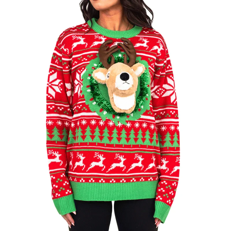 Reindeer Trophy Head 3D LED Sweater Transparent Opaque Sheer