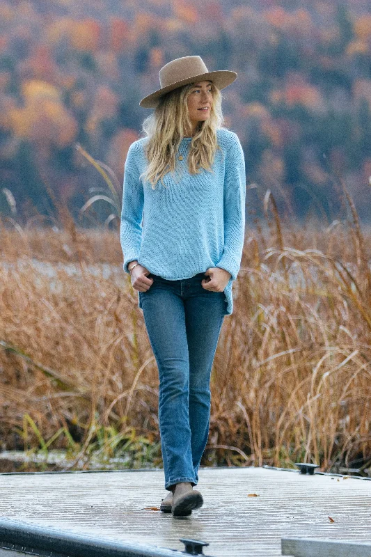 Relaxed Crew Sweater - Airy Blue Mesh Blend Leather Blend Suede Blend