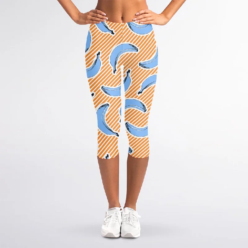 Retro Blue Banana Pattern Print Women's Capri Leggings Cozy Bootcut Leggings