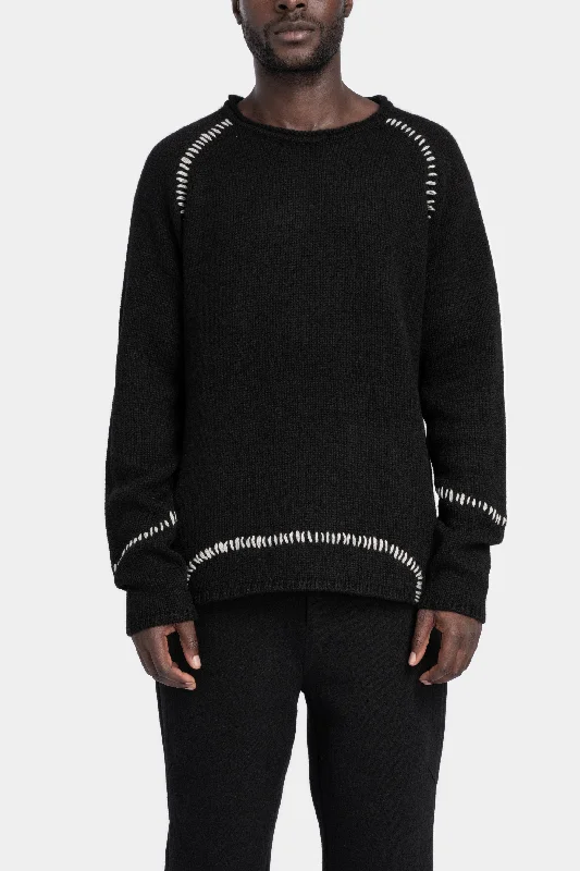 Scar-stitch detail knit sweater Boat Neck Shawl Collar Notched Collar