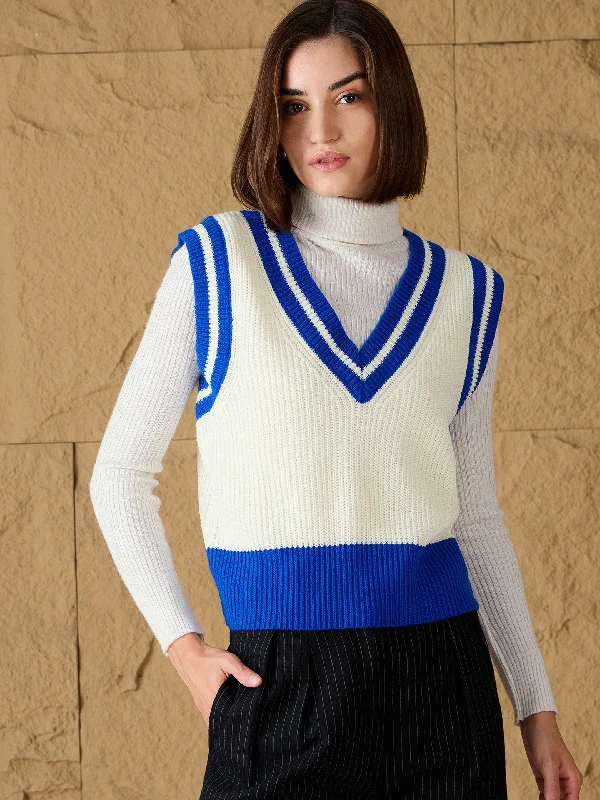 Women Royal Blue & White Striped V-Neck Sweater Vest Terry Blend Velvet Blend Canvas Blend
