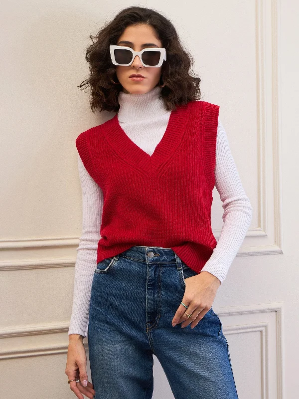 Women Red Solid V-Neck Sweater Vest Beaded Sweater Sequined Faux Fur