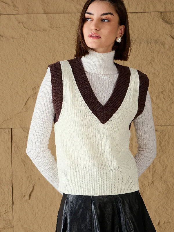 Women White & Brown Solid V-Neck Sweater Vest Beaded Sweater Sequined Faux Fur