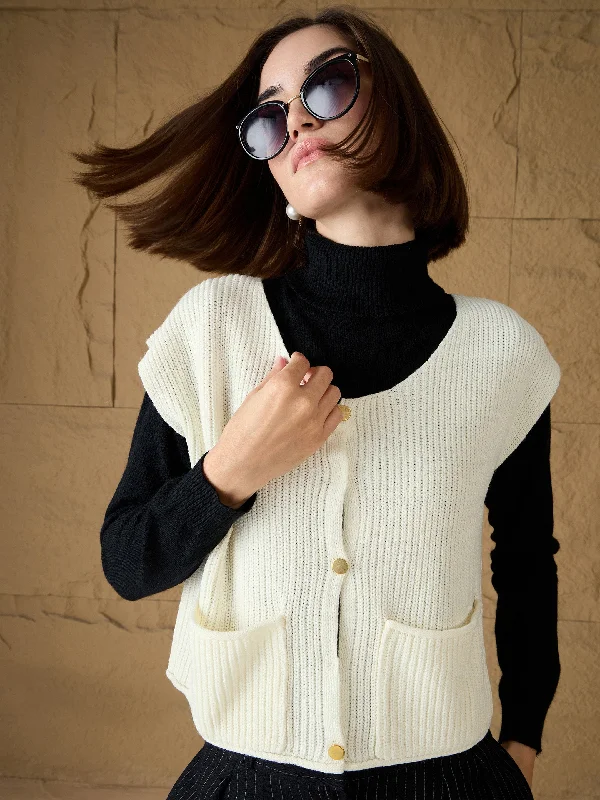 Women White Front Button Extended Sleeves Pocket Sweater Glossy Satin Silk