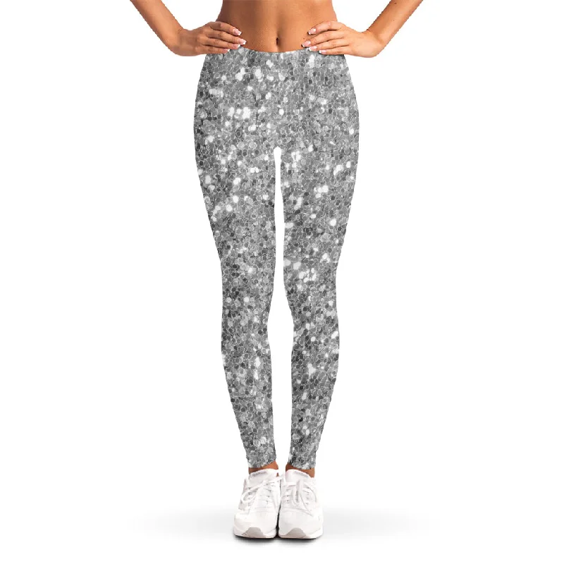 Silver (NOT Real) Glitter Print Women's Leggings Cozy Fashion Leggings