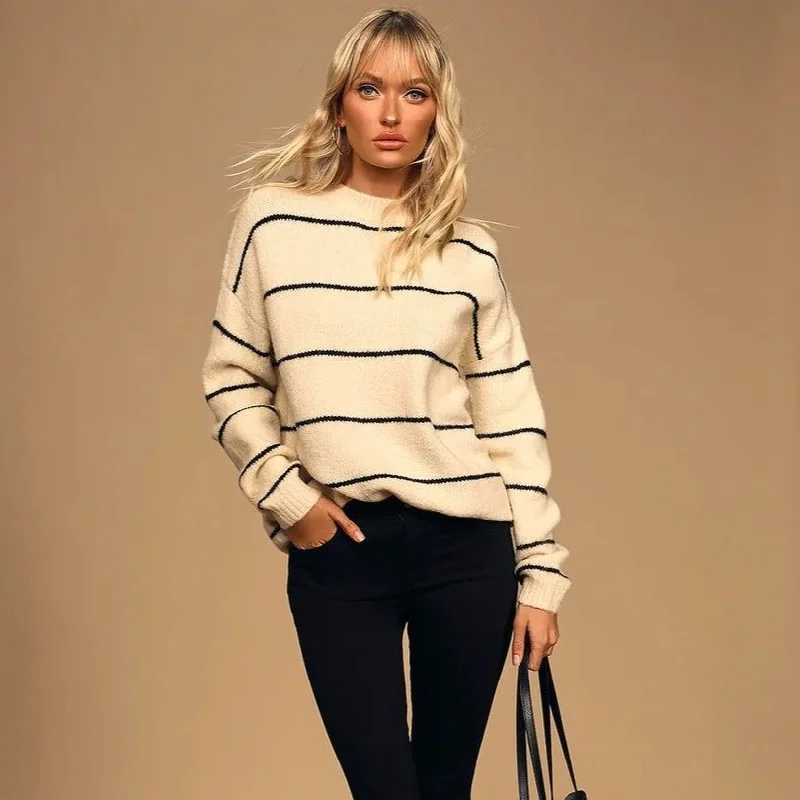 Stripe Long Sleeve Sweater (Black + Cream) Machine Wash Dry Clean Hand Wash