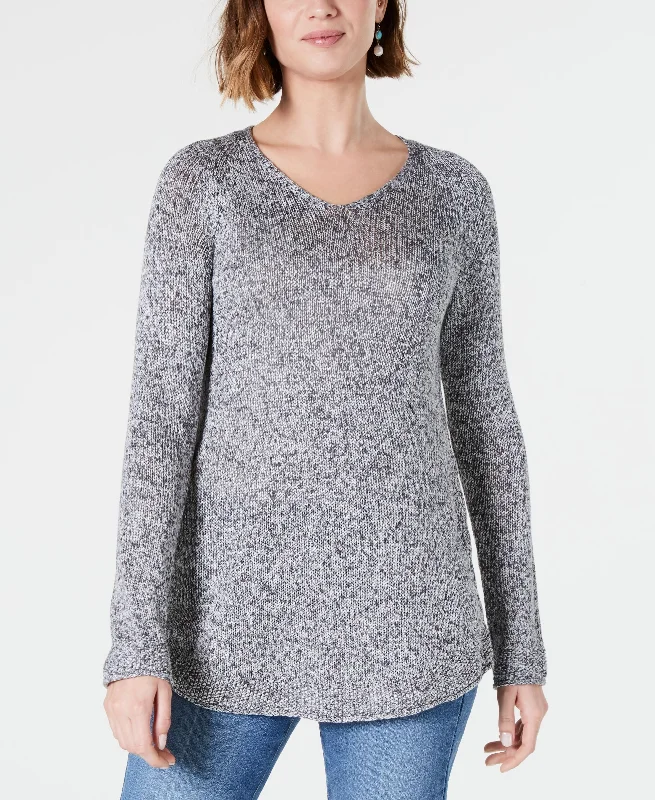 Marled V-Neck Sweater Herringbone Houndstooth Plaid