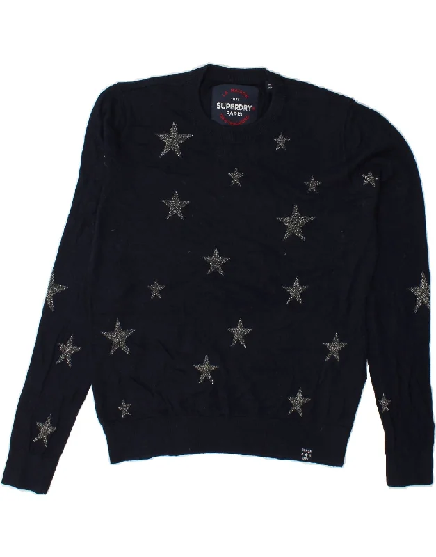 SUPERDRY Womens Paris Crew Neck Jumper Sweater UK 14 Medium Navy Blue Sweater Knitwear Pullover