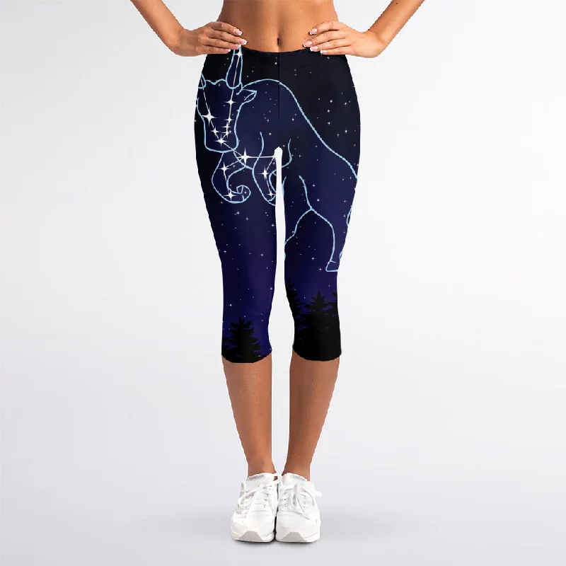 Taurus Constellation Print Women's Capri Leggings Cozy Full-Length Workout Leggings