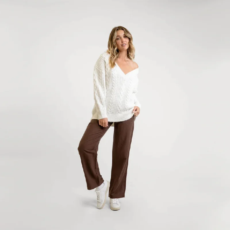 V Neck Cable Sweater (Ivory) Stylish Fashionable Trendy