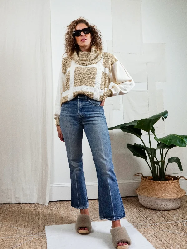 Vintage Gold Metallic Grid Cowlneck Sweater Print Jacquard Patchwork