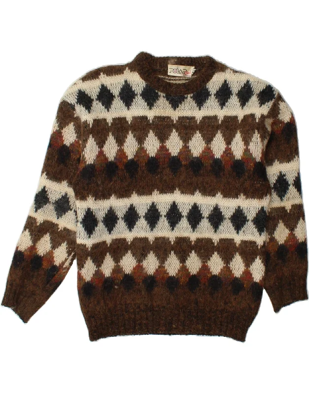 VINTAGE Womens Crew Neck Jumper Sweater EU 40 Medium Brown Geometric Thin Thick Dense