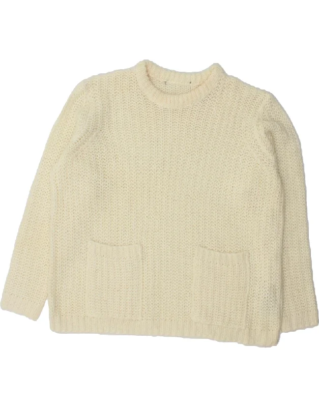 VINTAGE Womens Oversized Crew Neck Jumper Sweater UK 16 Large Off White Open Front Closed Front Wrap Front