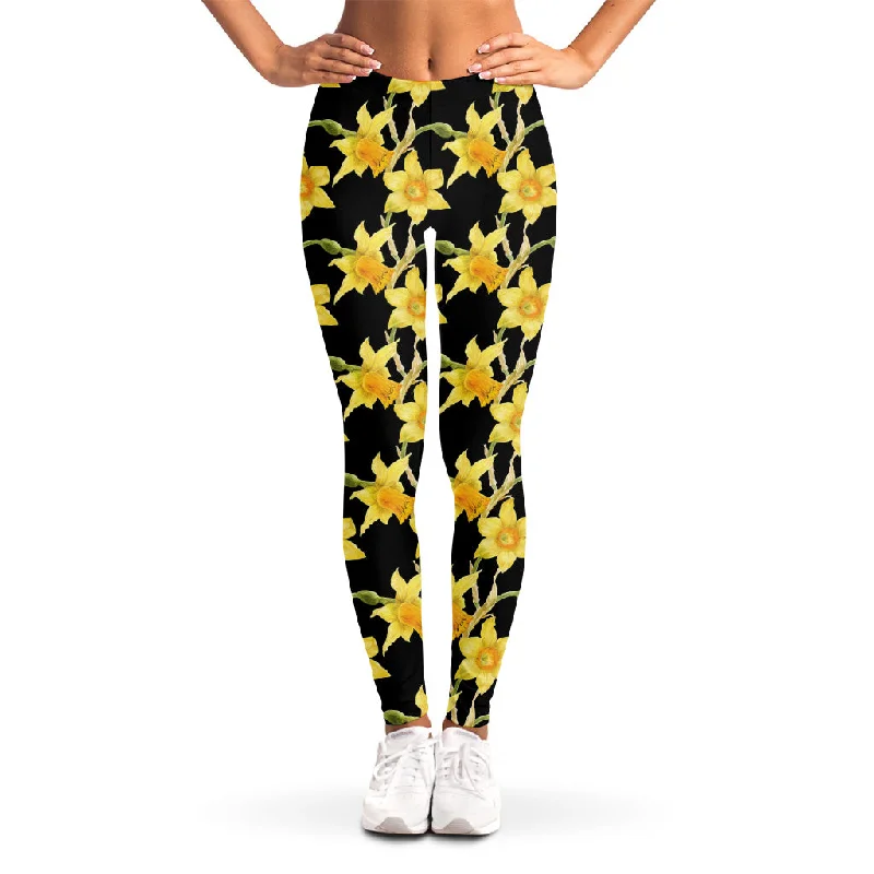 Watercolor Daffodil Flower Pattern Print Women's Leggings Trendy Mesh Leggings