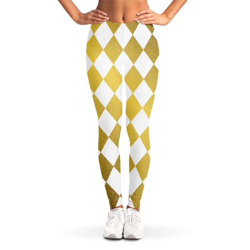 White And Gold Harlequin Pattern Print Women's Leggings Comfortable Leggings with Pockets White And Gold Harlequin Pattern Print Women's Leggings Comfortable Leggings with Pockets