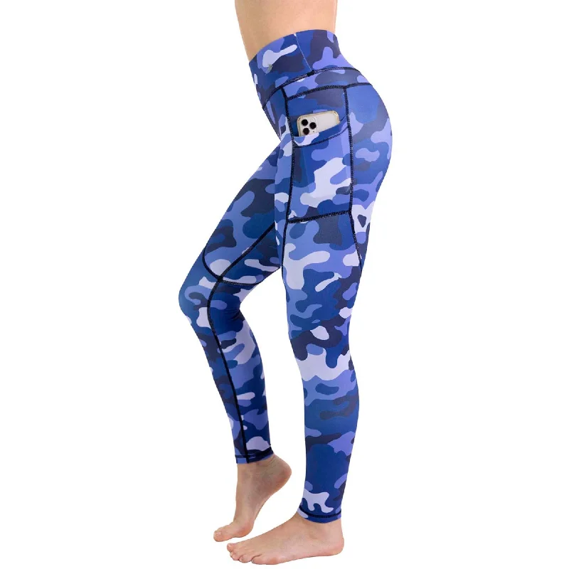 Women's Compression Leggings W/ Pockets - Camo Blue Fashionable Printed Leggings